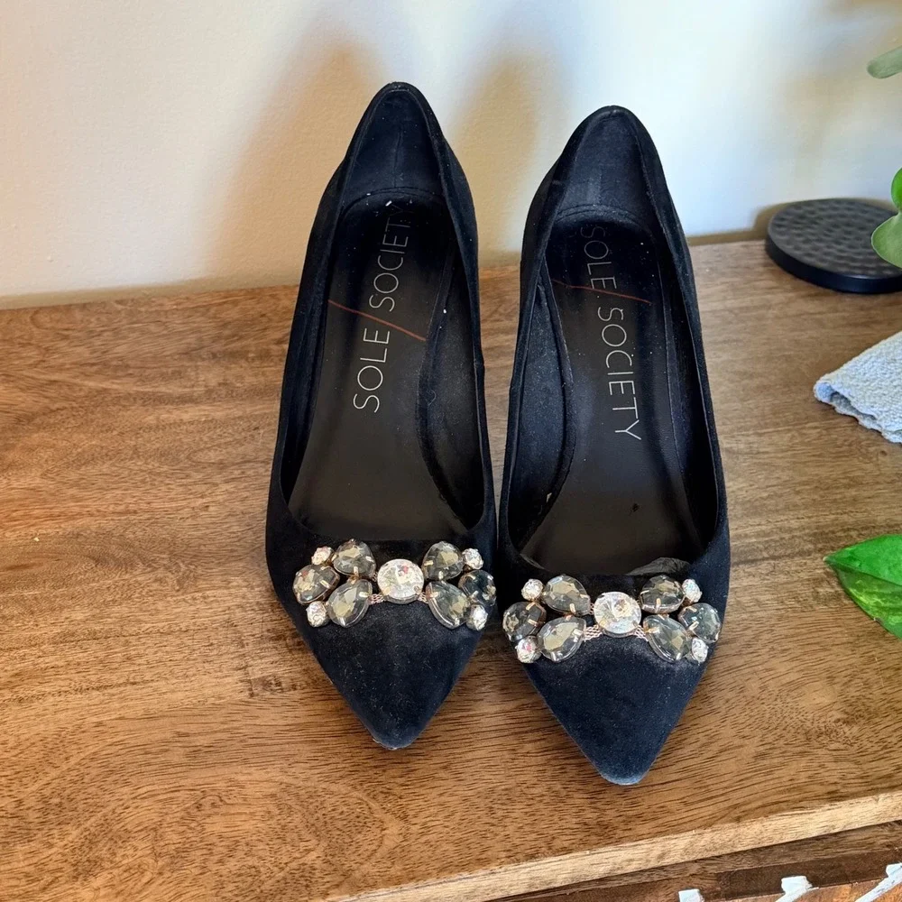 Sole Society Pump Womens 8 Black Crystal‎ Embellished Suede Pointed Toe Stiletto